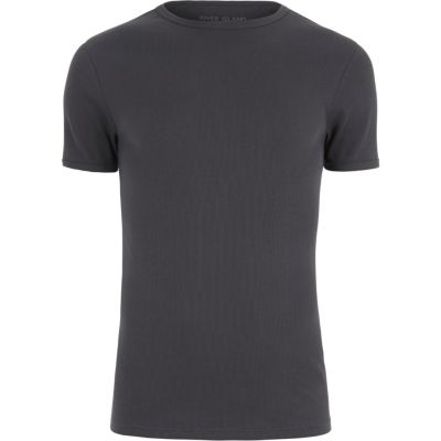Charcoal grey muscle fit ribbed T-shirt